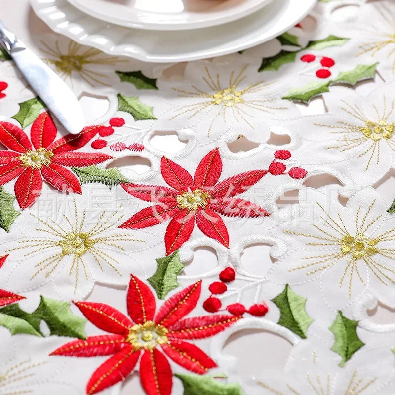 table table noël brodée fleurs poinsettia houx dorées maison hotelDecoration festive traditionnelle polyestère