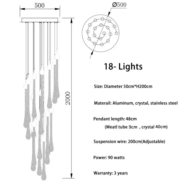 suspension lumineuse or gouttelettes contemporaine 18 lumières spiral transparent élégante