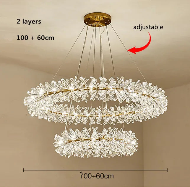 Suspension lumineuse cristal transparent moderne élégante chaînes blanc doré chambre salon