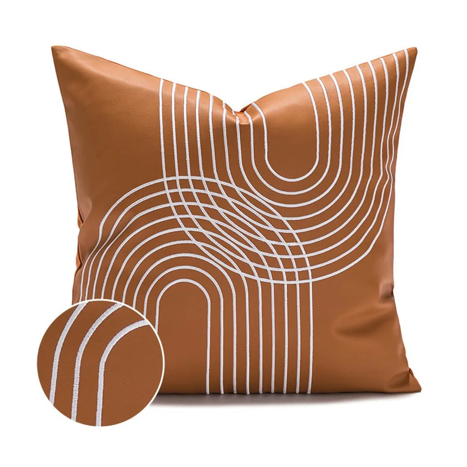 taies d'oreillers brodées contemporain 45x45cm marron clair motifs géométriques
