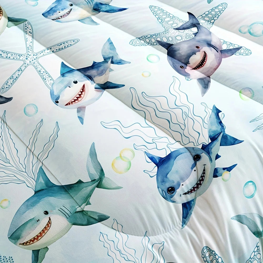 ensemble literie thème marin requins étoiles mer bubbles algues moderne bleu clair gris blanc