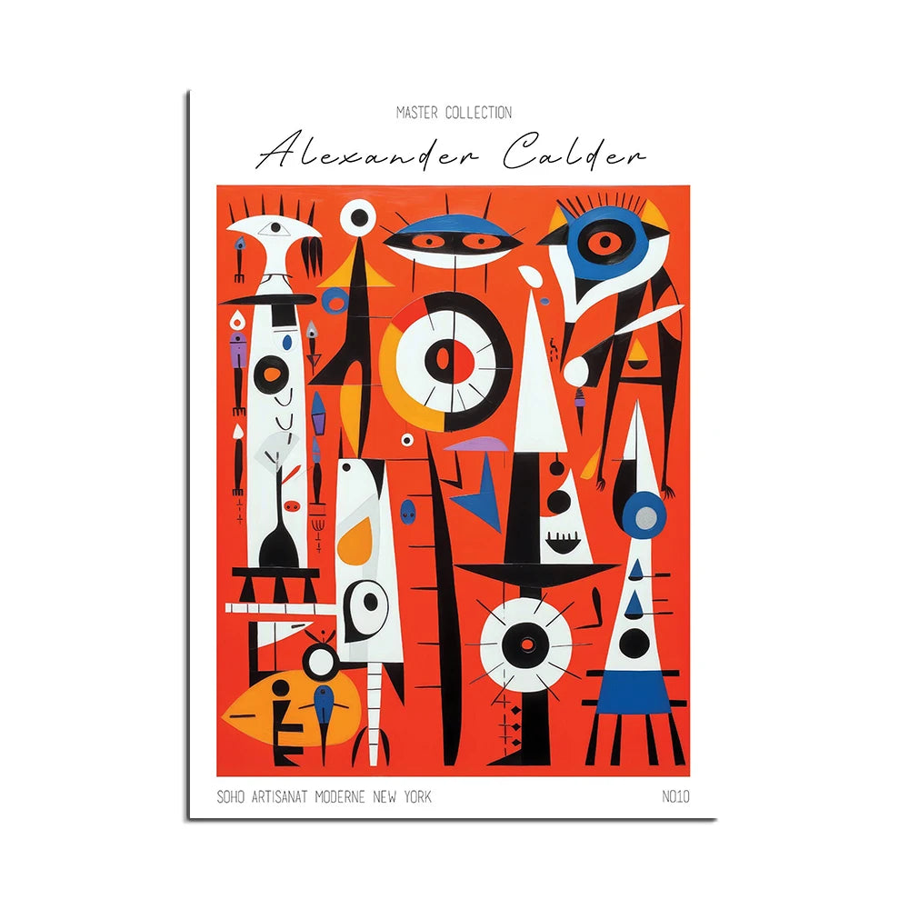 Œuvre abstraite aux motifs géométriques et colorés sur fond orange vif, créée par l'artiste Alexander Calder.