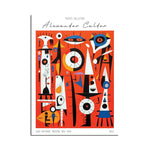 Œuvre abstraite aux motifs géométriques et colorés sur fond orange vif, créée par l'artiste Alexander Calder.