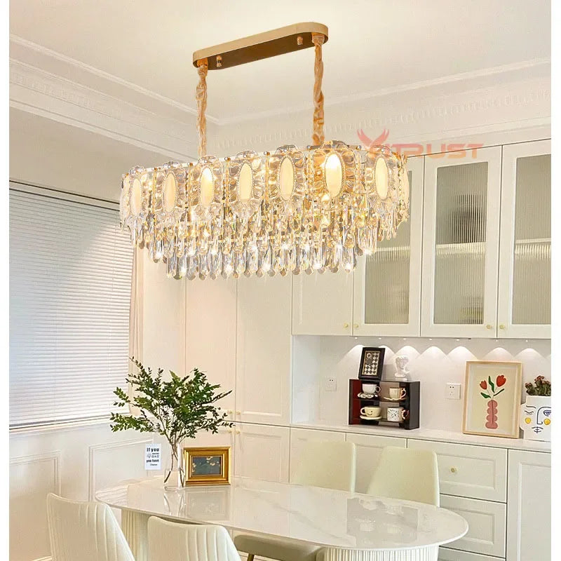 lampe suspendue dorée cristal transparent classique chaîne métallique