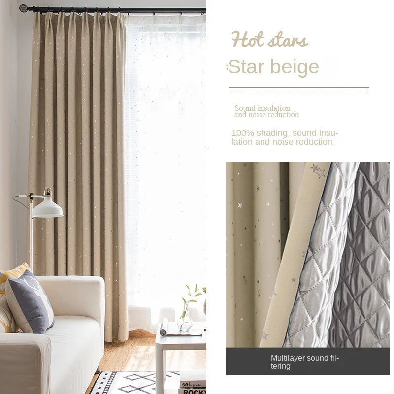 Rideaux occultants beige étoilé pour salon moderne, isolation acoustique et réduction du bruit, design élégant, idéale pour la décoration intérieure contemporaine, ambiance apaisante et chaleureuse pour fenêtre, améliore l'intimité et l'esthétique de votre espace de vie.