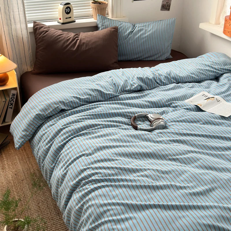 ensemble literie moderne rayures bleu marron housse couette taies oreiller adultes chambre