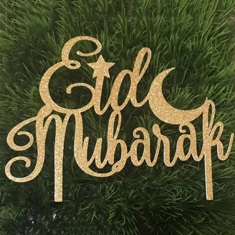décoration gâteau or argent étoiles lune écriture cursive pique bois fête İslam festive