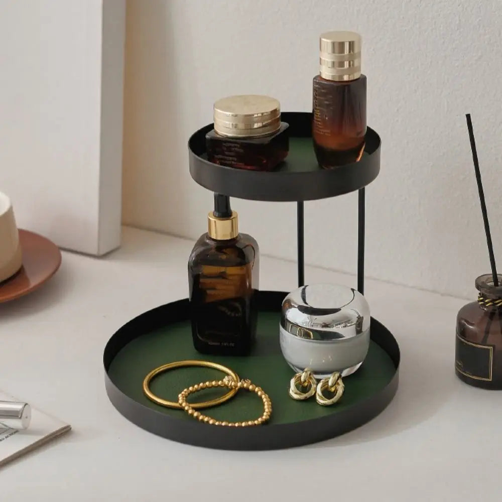 support cosmétiques moderne plateau bijoux flacons parfum crème bougie beige orange noir vert