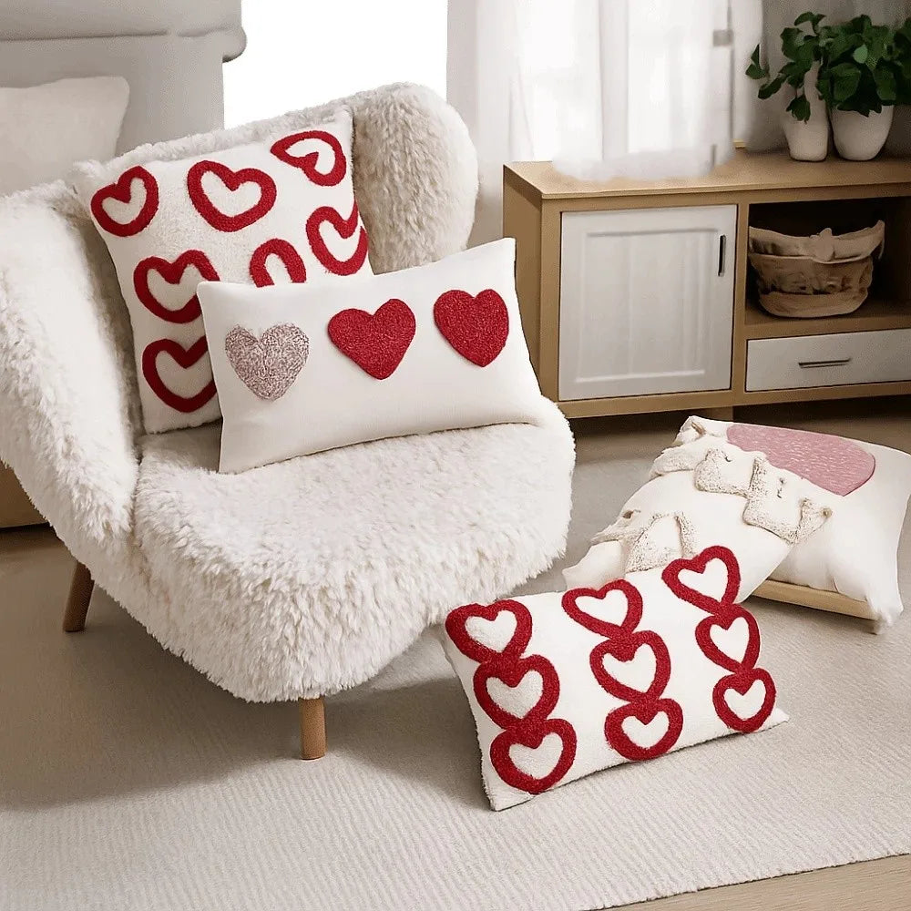 taies d'oreiller coeurs brodés blanc rouge rose pâle artisanal fermeture éclair opaques lit polyester