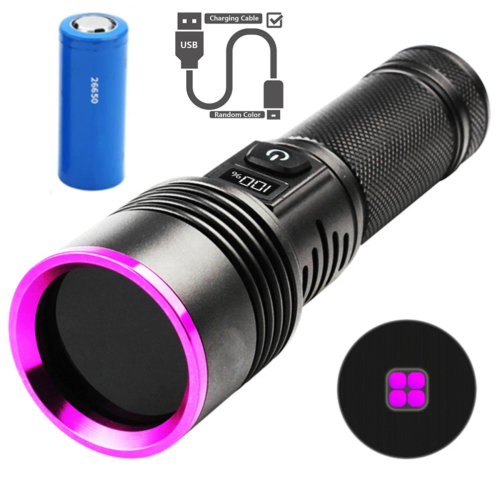 lampe torchon uv led rechargeable anti choc autodéfense affichage lcd texture anti glisse noire