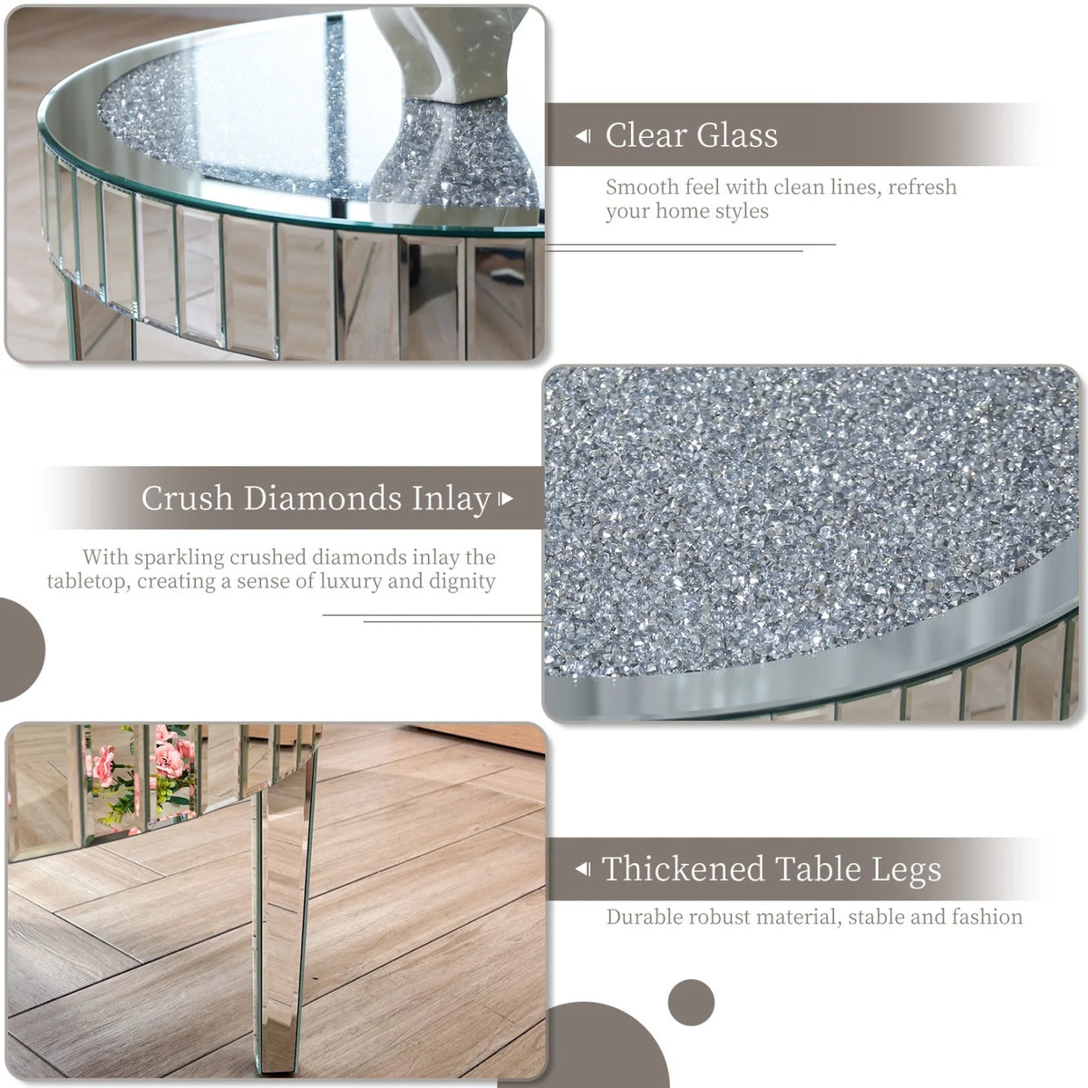 table basse ronde moderne transparente motifs cristal argentée chic salon chambre