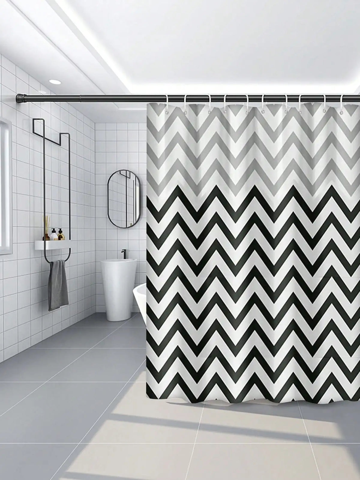 rideau douche moderne zigzag noir blanc eva relief anneau métallique 80x180cm