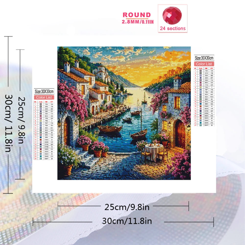 tableau diamant paysage bord mer maison voiliers fleurs couchersoleil multicolore moderne decoration artisanale transparentes