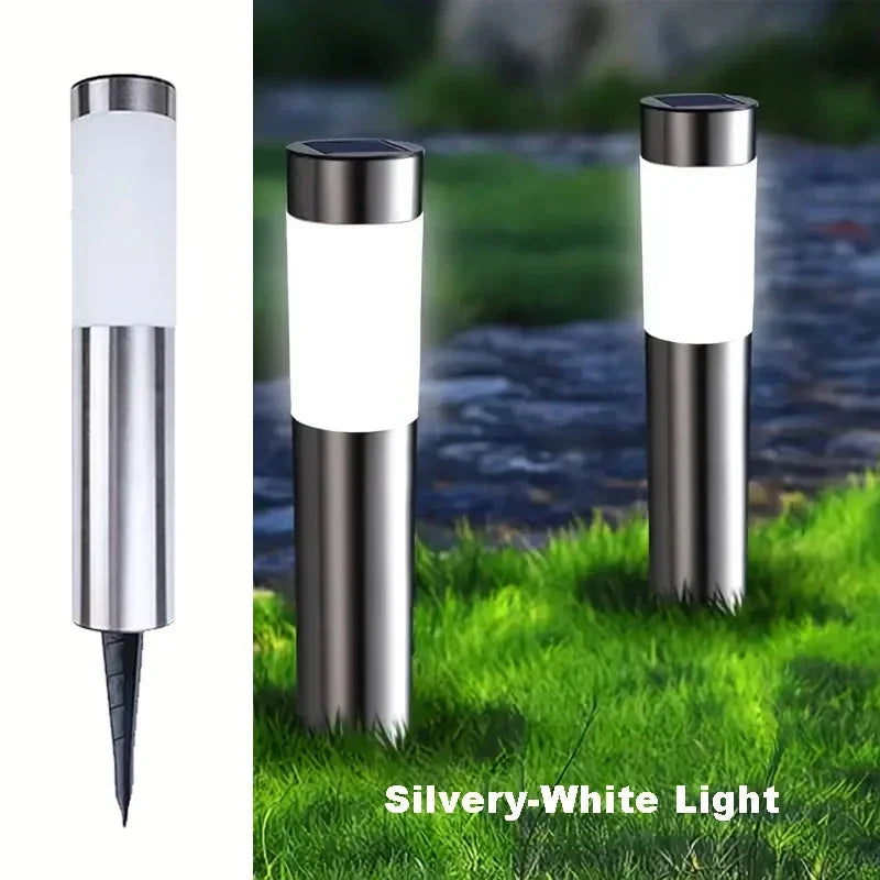 lampe solaire moderne led acier inoxydable imperméable jardin extérieur décoration gazon argenté blanc