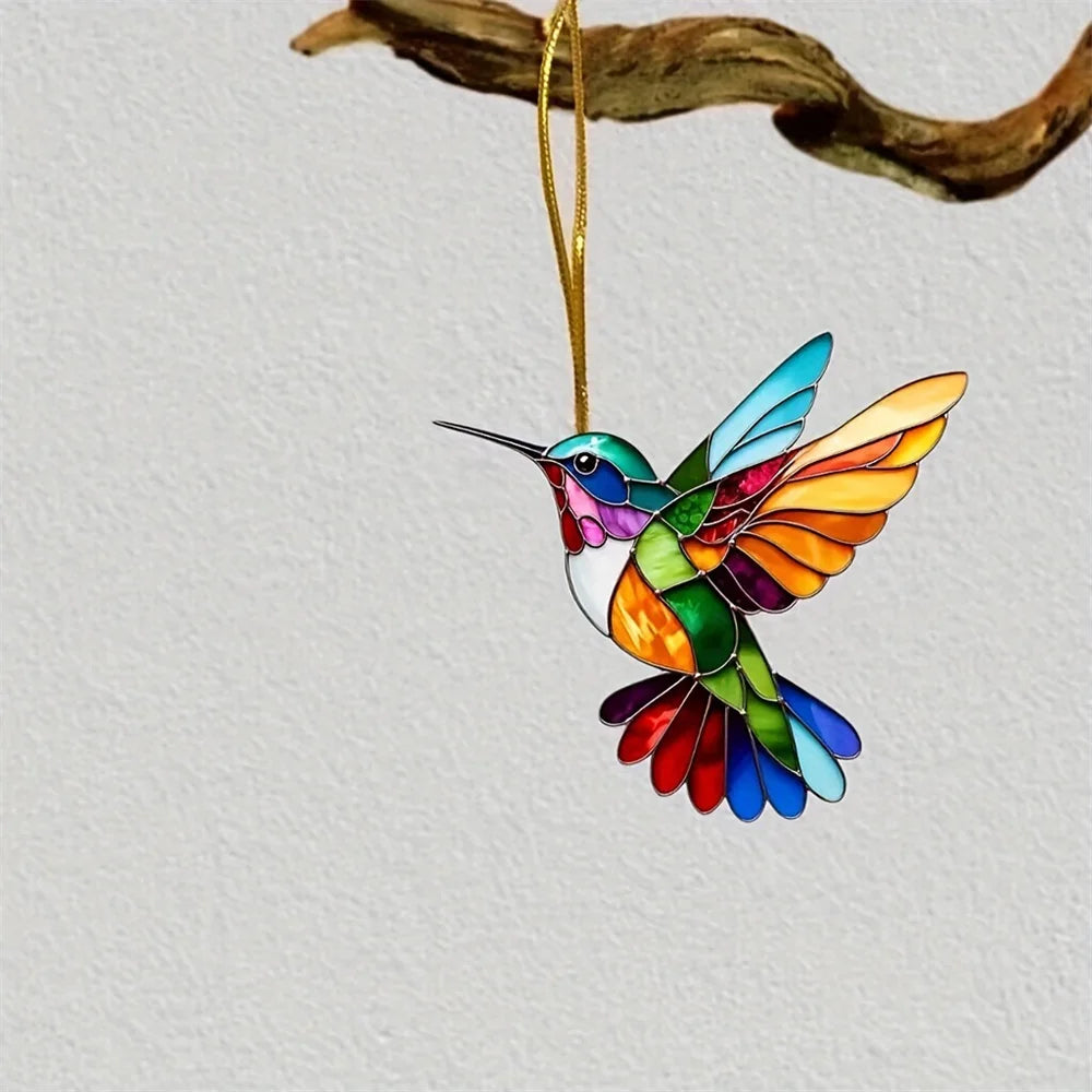 pendentif oiseau multicolore mosaïque artisanale opacité chaîne dorée extérieur maison