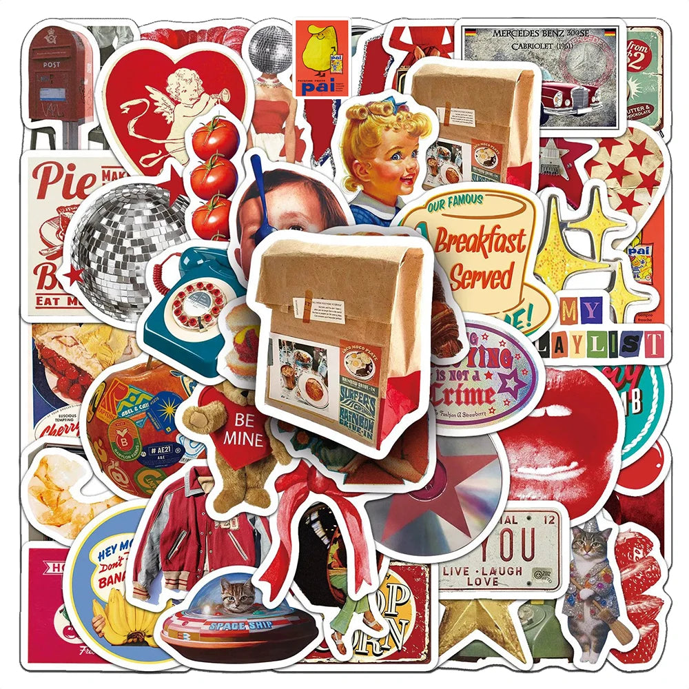 stickers vintage adhésifs motifs variés fruits animaux décoration rouges blancs noirs différents