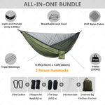 hamac deux personnes vert olive parachute léger filet antimosquitos carabines inox piquets aluminium sac