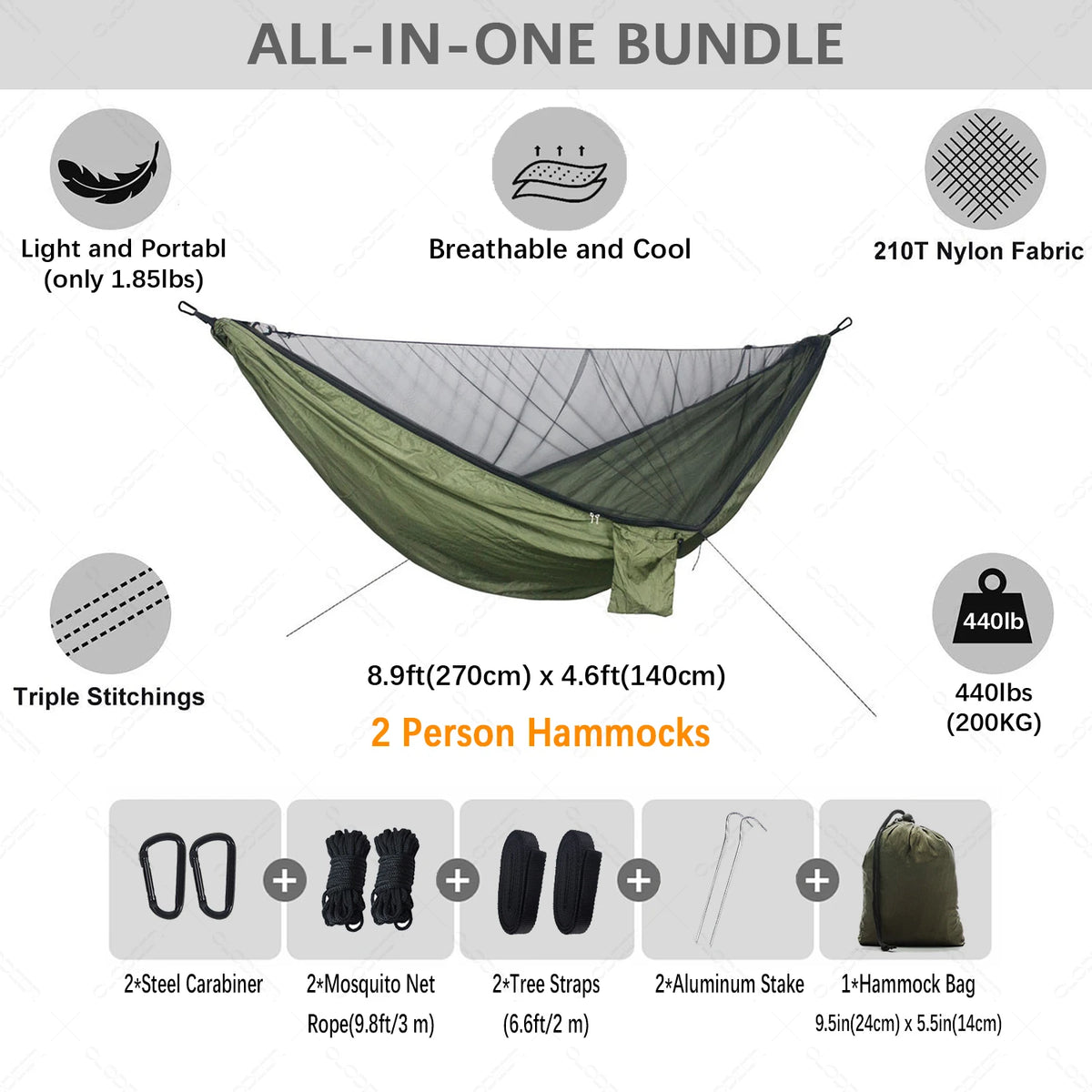 hamac deux personnes vert olive parachute léger filet antimosquitos carabines inox piquets aluminium sac