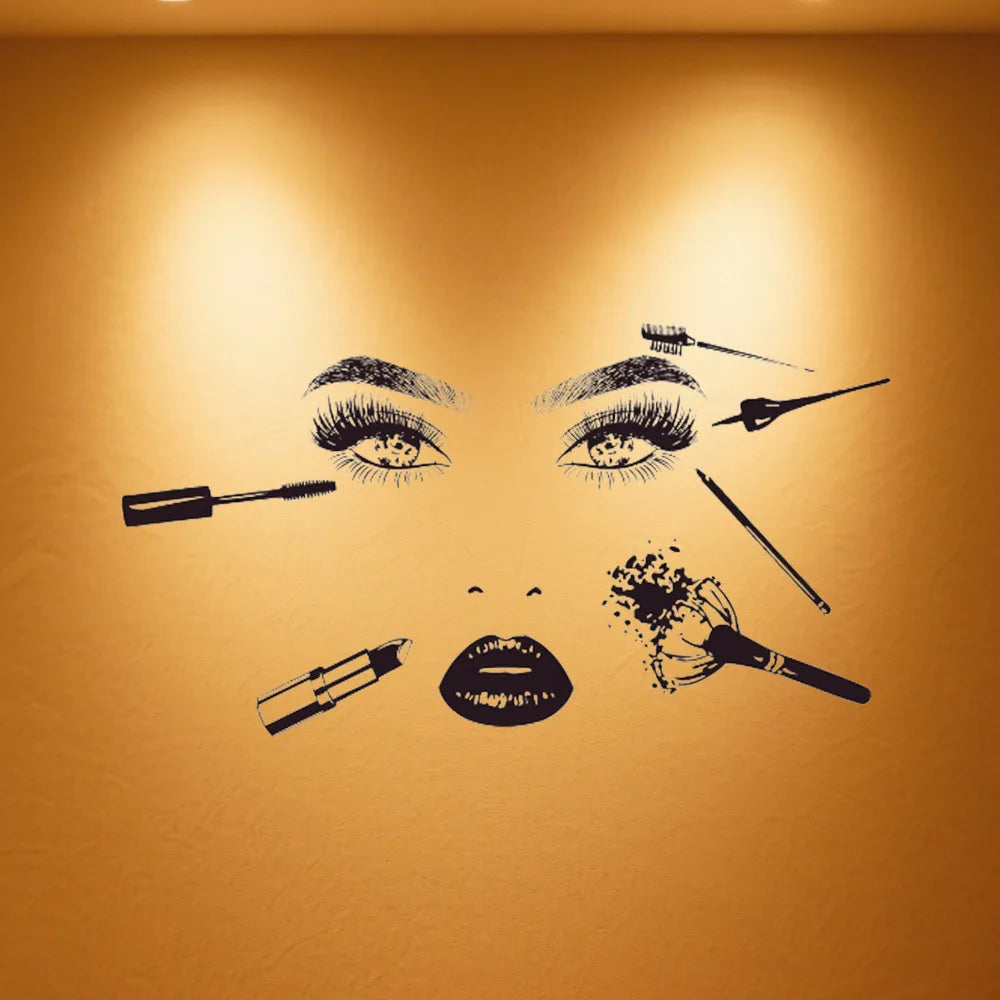 sticker mural artiste maquillage adhésif yeux lèvres pinceaux noir illustration salon beauté