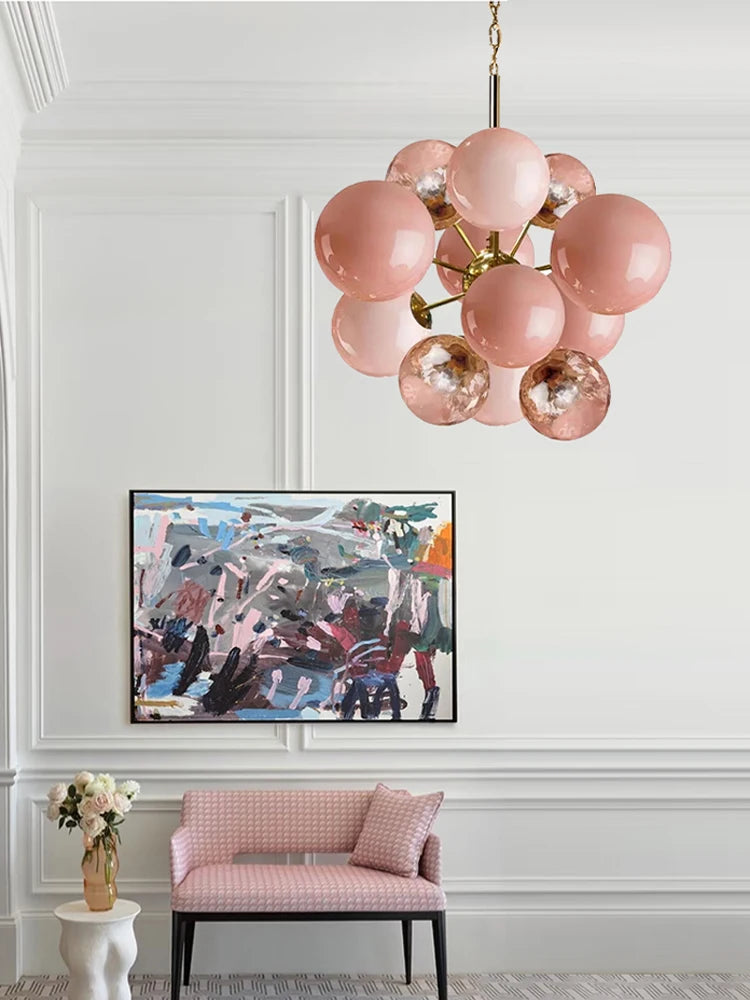 lustre moderne rose pâle sphères translucides élégant câble suspendu led européen
