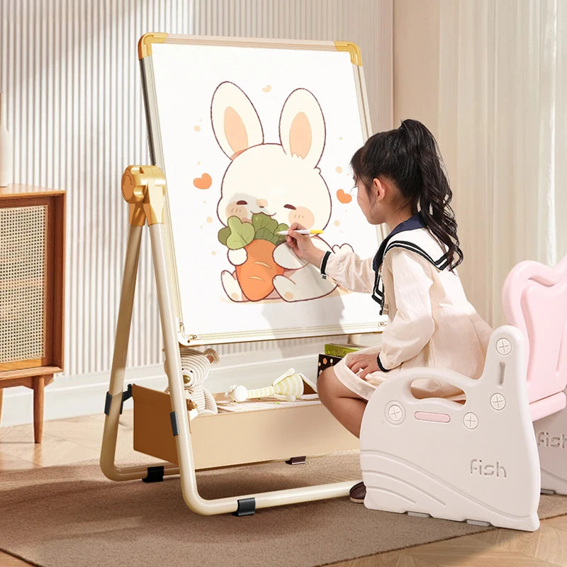 tableau dessin pliable bois beige ours lapin moderne tiroir poignées pivotantes enfants écriture effaçable