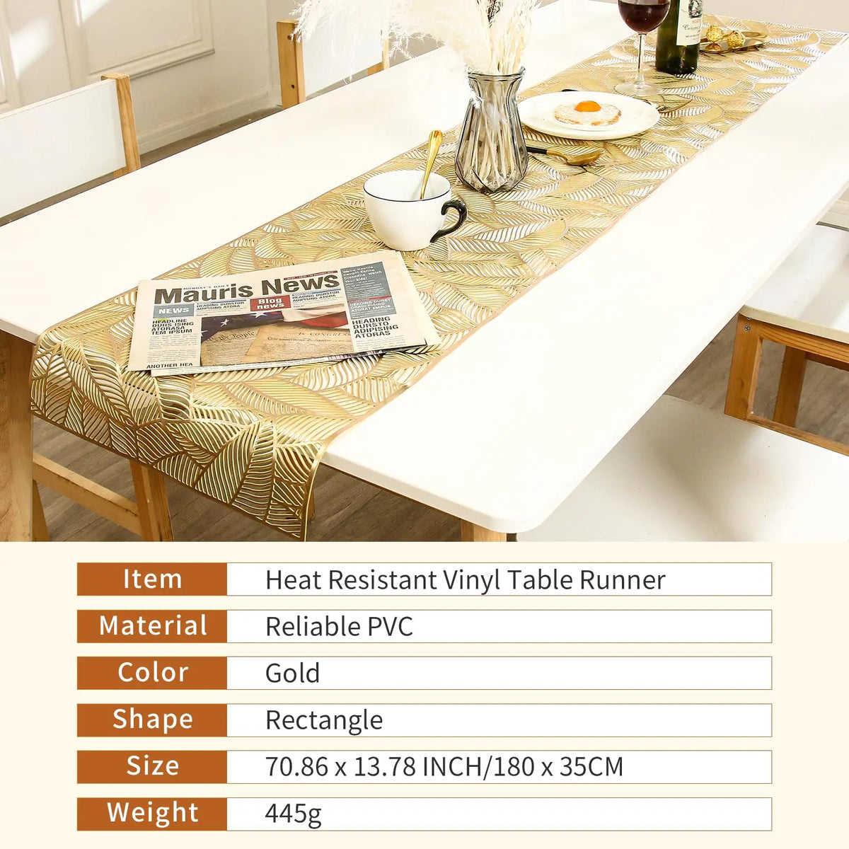 table chevet moderne chemin table motifs végétaux feuilles or blanc semi transparent