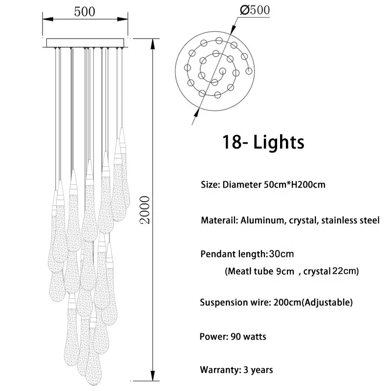 suspension lumineuse moderne cristal doré transparent gouttes verre led