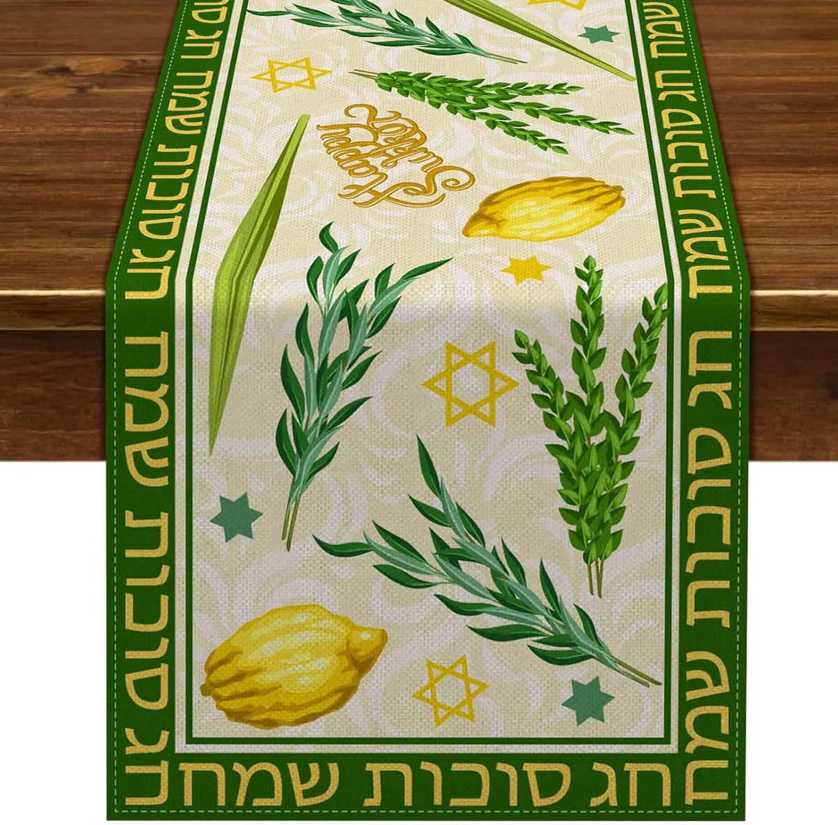 tableau chemin table lin motif citron feuille étoile hébreu graphique traditionnel vert foncé jaune