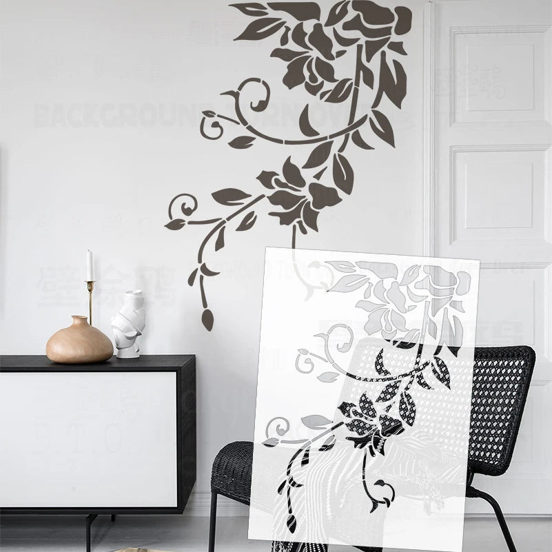 Stencil mural floral noir blanc adhésif artisanal decoratif taille 70cm 60cm 50cm 80cm 90cm