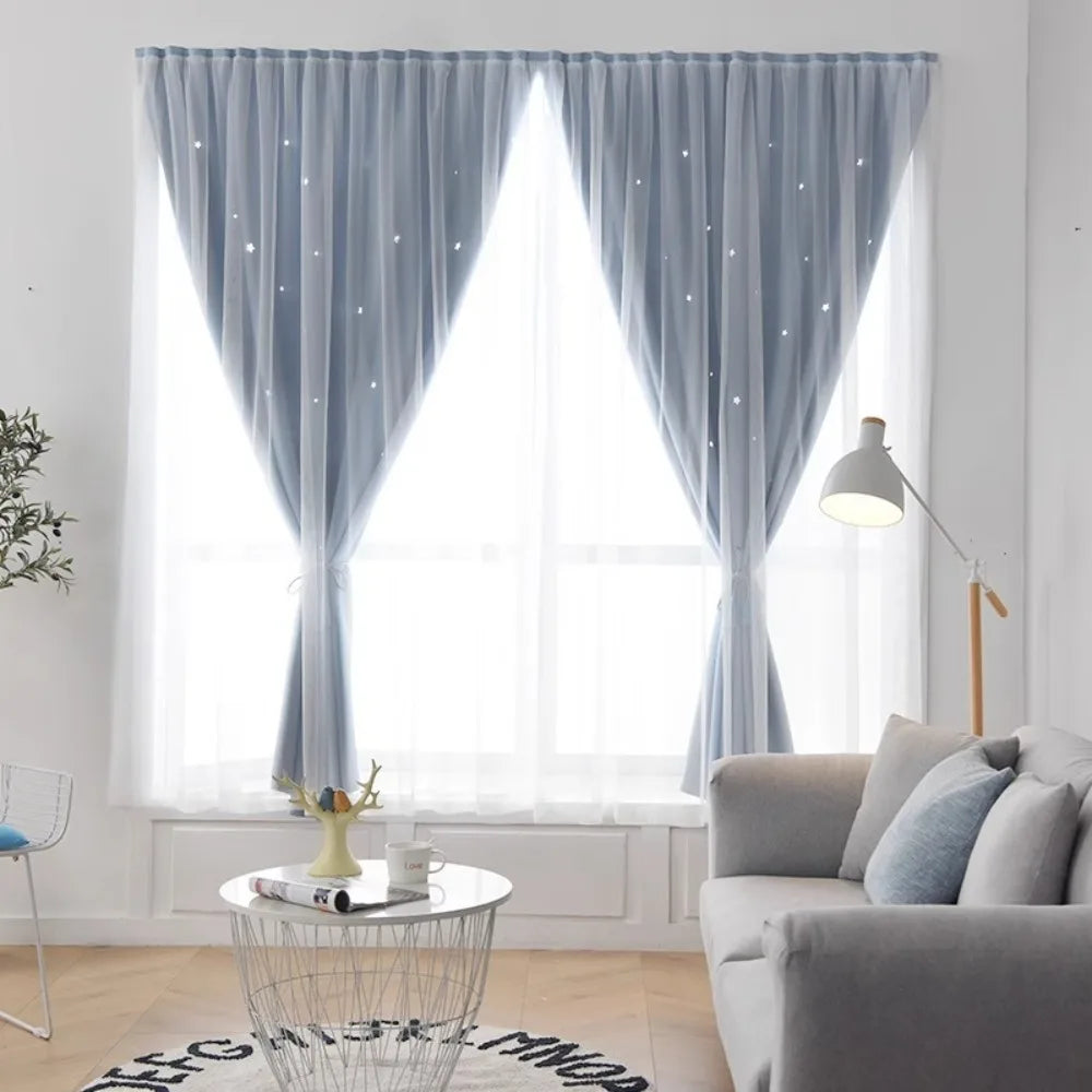 rideau moderne étoiles blancs gris clair bleu clair beige vert rose polyester translucide chambre