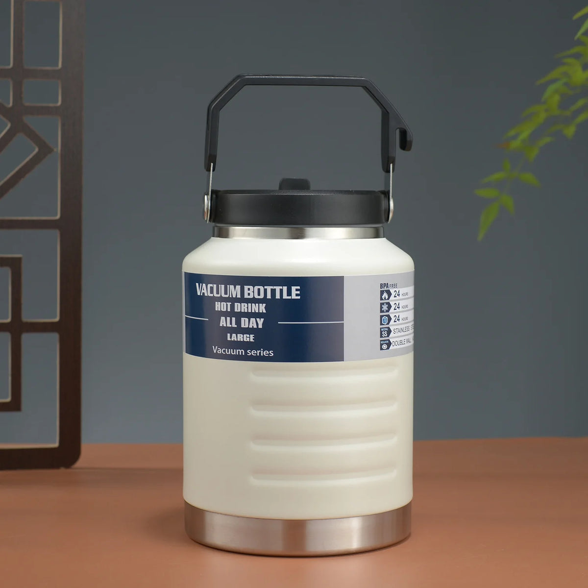 thermos bouteille 1500ml 2000ml acier inoxydable rayures horizontales poignée couvercle moderne vert olive noir
