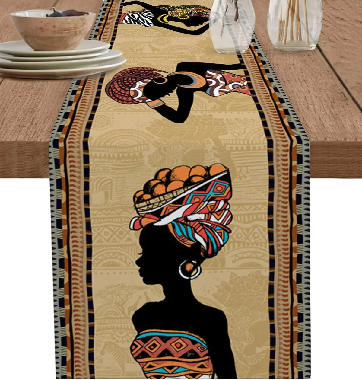 tableau lin géométrique ethnique beige noir orange bleu vert marron
