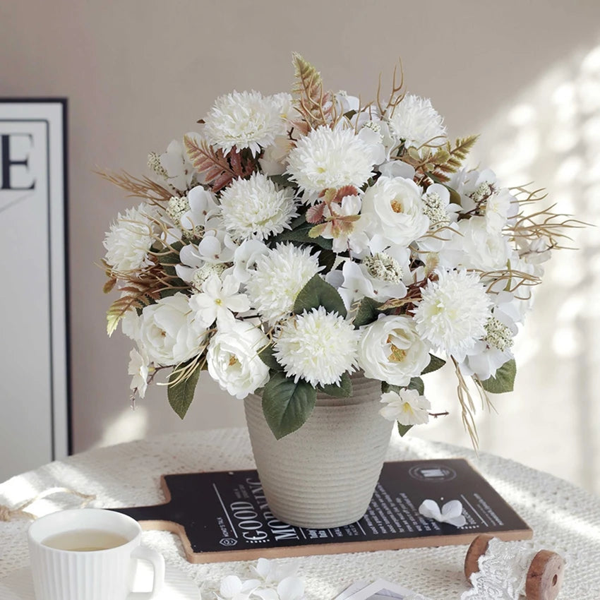 Bouquet fleurs artificielles soie roses pivoines hortensias vase deco mariage anniversaire intérieur classique