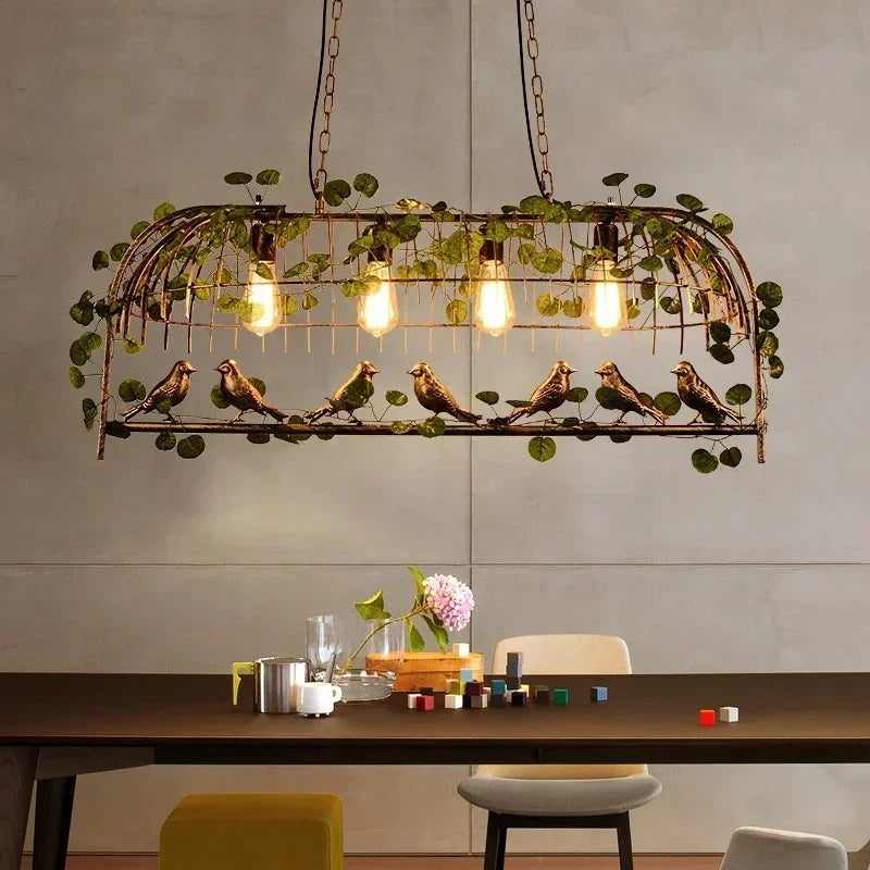 suspension lumineuse vintage oiseaux métal feuilles vert ampoules noir doré rustique