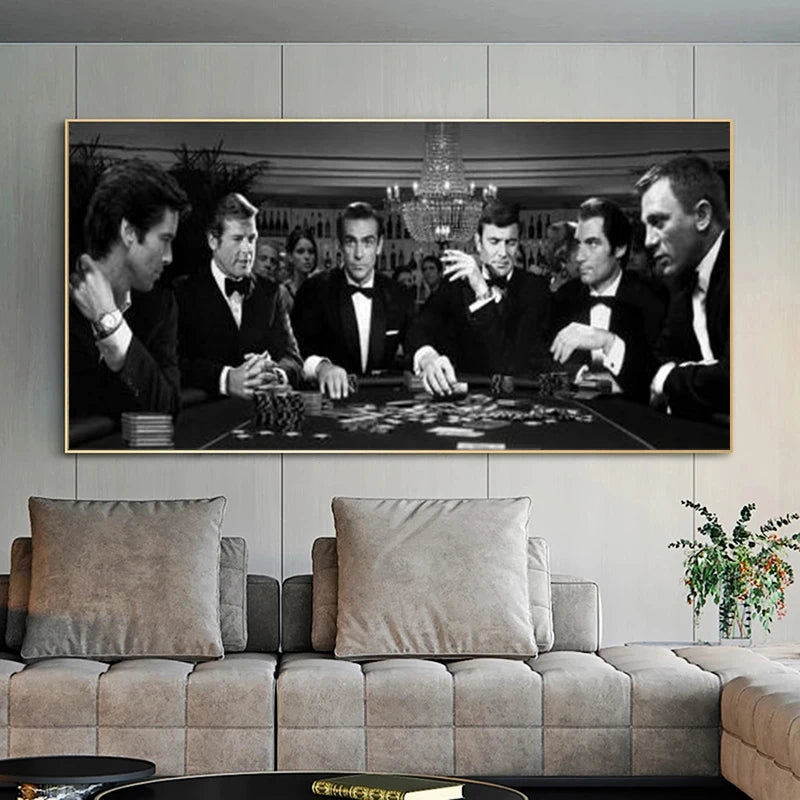 tableau toile cadre doré scène poker noir blanc décoration murale salon maison classique