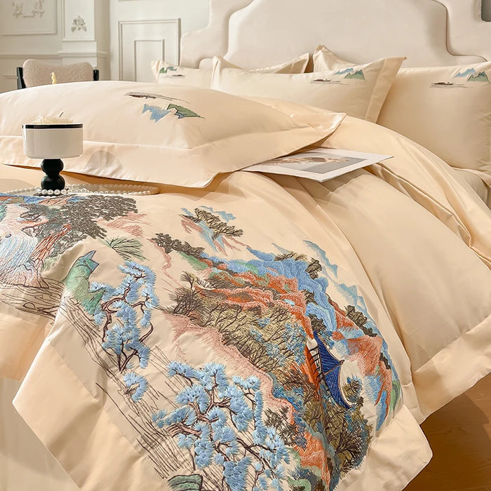 ensemble literie coton sergé classique peinture paysagère beige vert rose jaune orange
