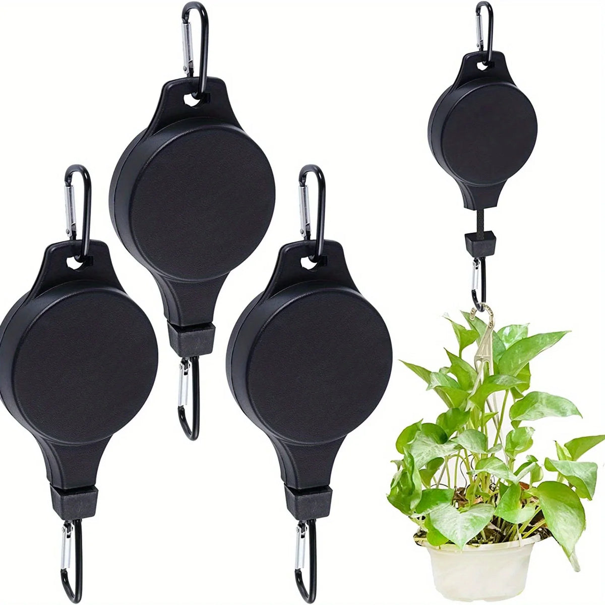 suspension plante rétractable carabiners noir argenté système support plante macramé cloison fonctionnel utilitaire