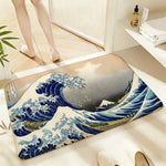 tapis sol doux motif vague grande vague kanagawa décoration maison coton bleu blanc gris