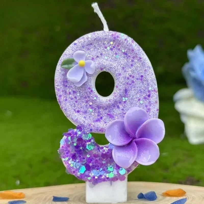 bougies chiffres violets fleurs anniversaire décoratives sans flamme enfants gâteau paillettes numérotation festive