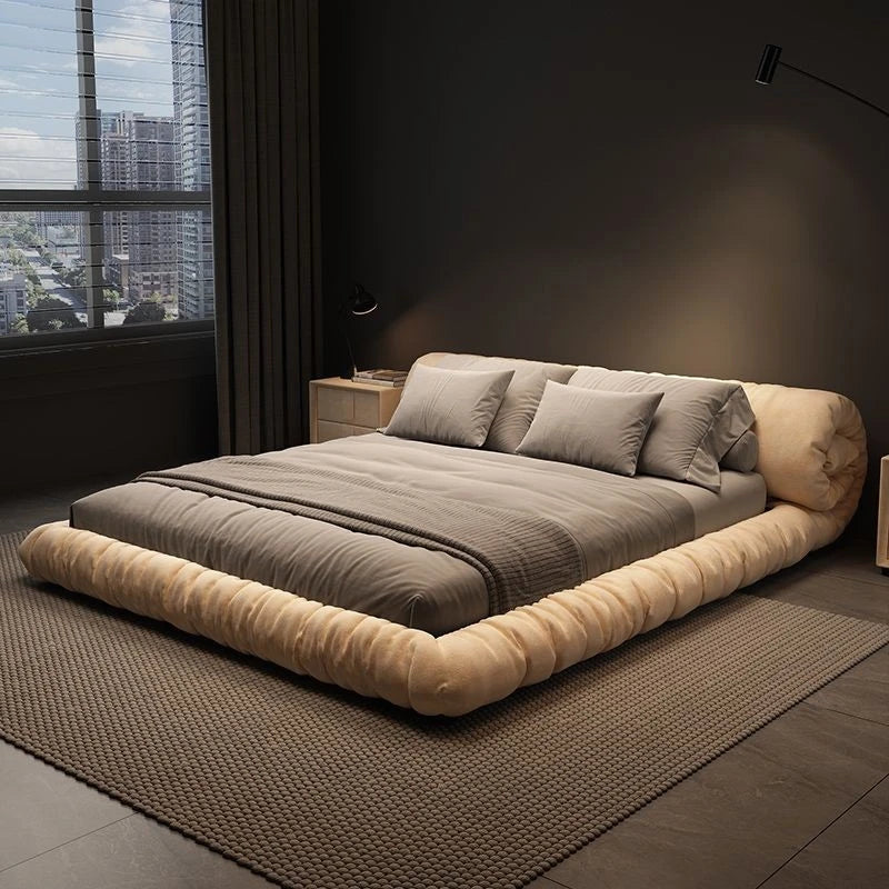 lit moderne minimaliste bois beige gris velours tissu uni chambre double king sizeSuspension