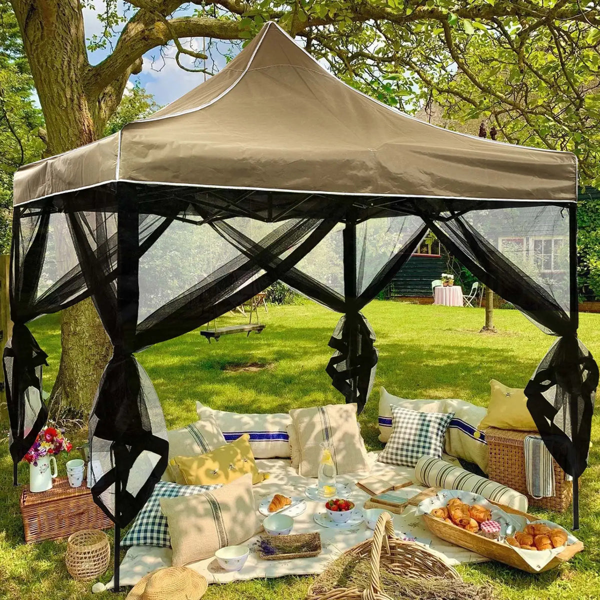 moustiquaire extérieure tente pavillon quadratique polyester traité insecticide pliante moderne beige noir imperméable anneaux