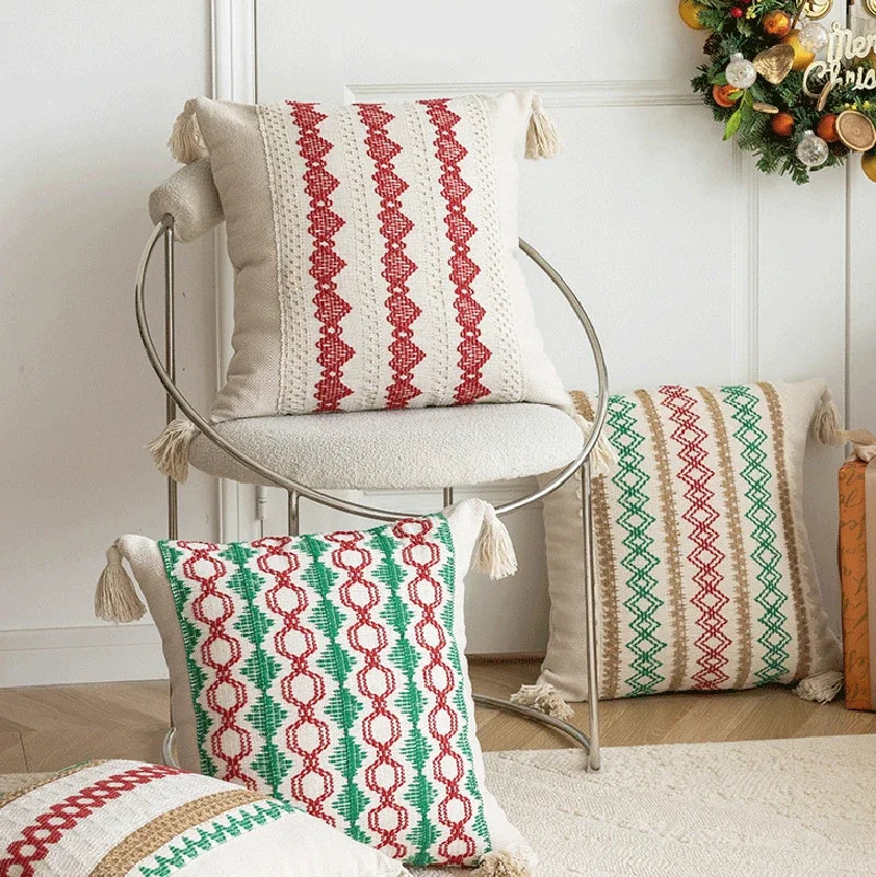 coussin patchwork géométrique rouge vert noël moderne décoration maison festive amovible lavable