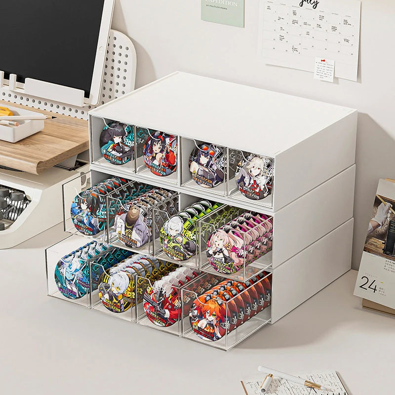 boîte rangement transparent moderne compartiments graphiques colorés réutilisable blanc fonctionnelle badges articles divers
