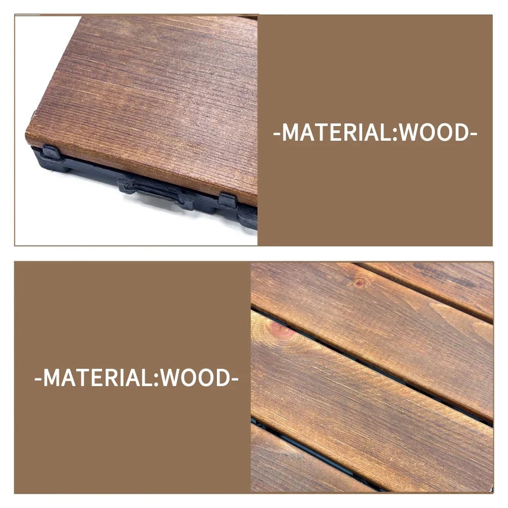 dalles sol extérieures modulaires bois rustique marron foncé texture naturelle connecteurs intégrés 30cm 30cm