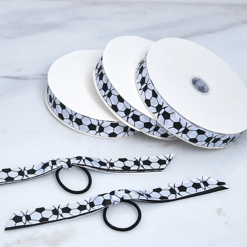 ruban gros grain polyester largeur football motif sportif blanc noir décoration fête mariage artisanat