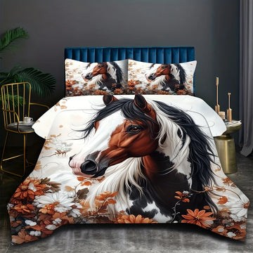 ensemble literie moderne cheval animé housse couette taies d'oreiller impression numérique blanc orange