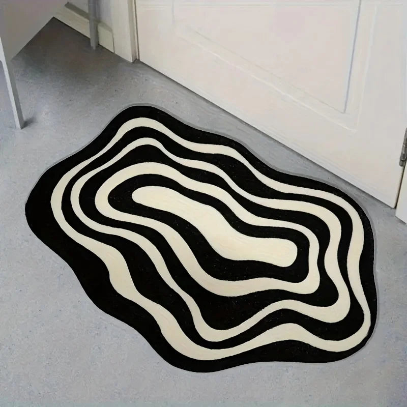 tapis noir blanc moderne rayures ondulées polyester imperméable antidérapant usage multiple intérieur extérieur