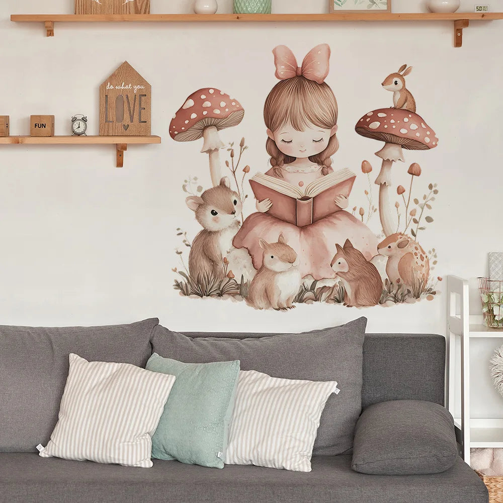 sticker mural illustration fille lisant rose beige marron cartoon adhésif chambre salon