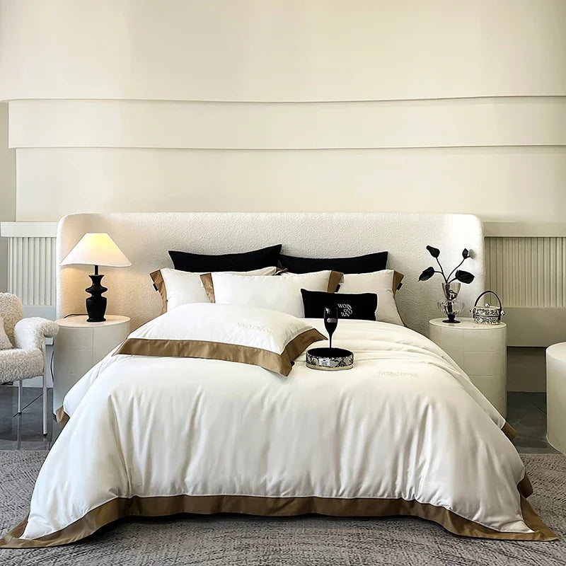 parure lit luxe coton lyocell satiné housse couette drap plat taies oreillers blanc