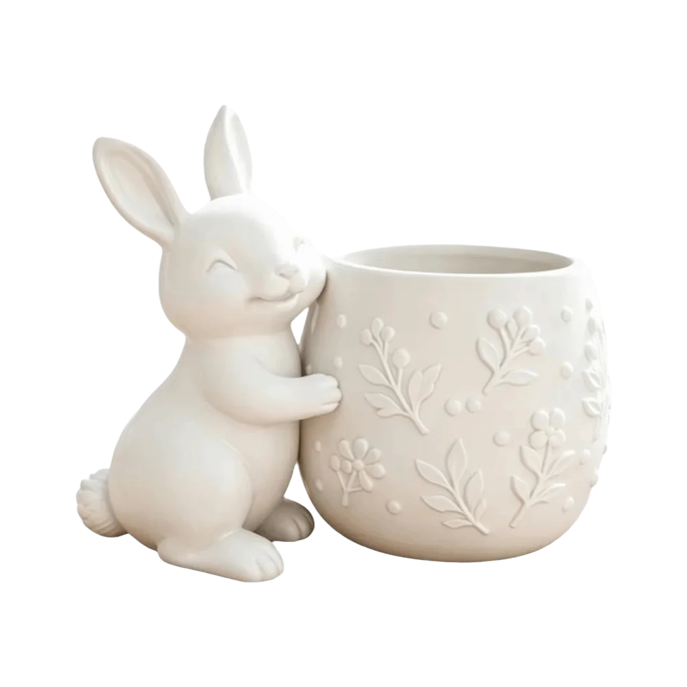 cache pot forme lapin motif végétal blanc vert rose décoration intérieur pâques animalier sculpté